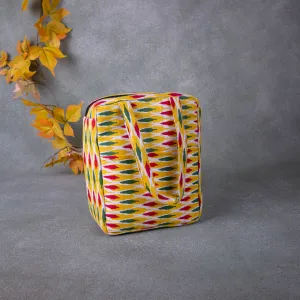 Water Proof Cotton Lunch Bag Yellow with Red and Green Ikat Prints.